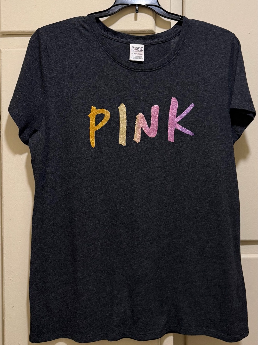 XL PINK Victoria's Secret Black Tee with Multicolor Glitter Logo